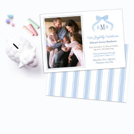 Monogram Blue Bow Welcome Baby Boy Foto Ankündigung