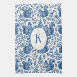 Monogram Blue Chinoiserie Eichhörnchen Woodland Geschirrtuch