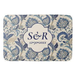 Monogram Blue & Cream Damask Floral Wedding Badematte
