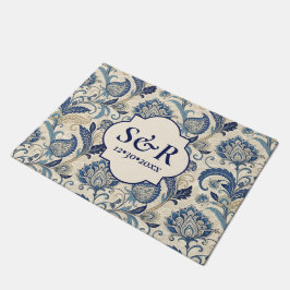 Monogram Blue & Cream Damask Floral Wedding Fußmatte