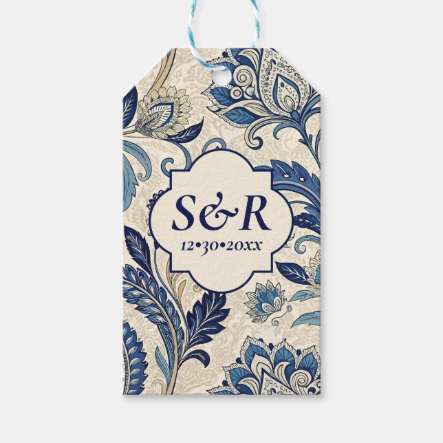 Monogram Blue & Cream Damask Floral Wedding Geschenkanhänger (Vorderseite)