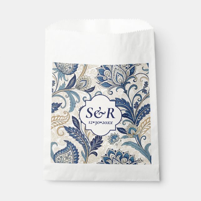 Monogram Blue & Cream Damask Floral Wedding Geschenktütchen (Vorderseite)