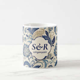 Monogram Blue & Cream Damask Floral Wedding Kaffeetasse