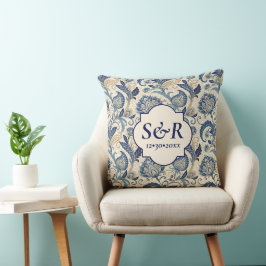 Monogram Blue & Cream Damask Floral Wedding Kissen