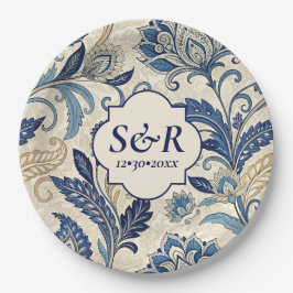 Monogram Blue & Cream Damask Floral Wedding Pappteller