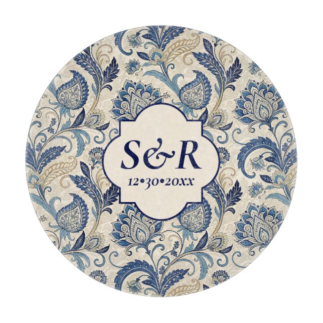 Monogram Blue & Cream Damask Floral Wedding Schneidebrett (Vorderseite)