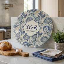 Monogram Blue & Cream Damask Floral Wedding