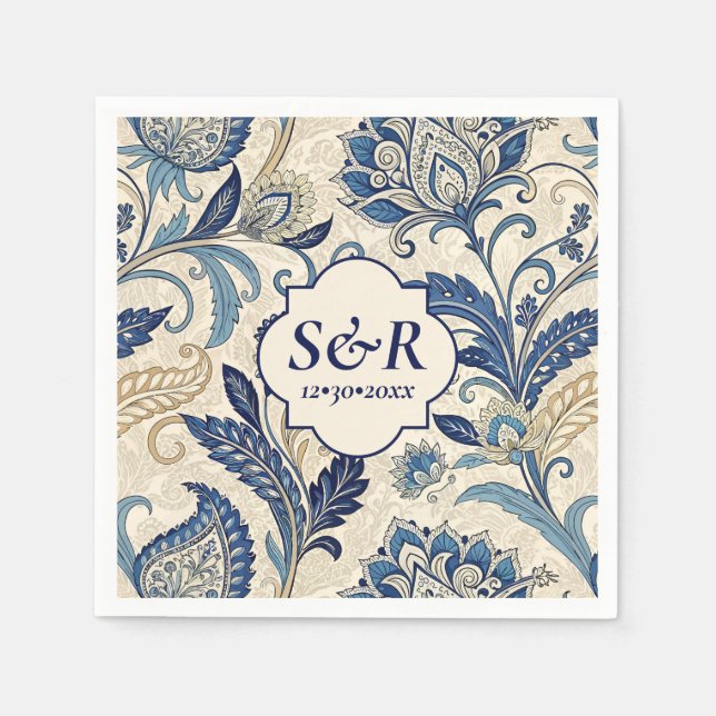 Monogram Blue & Cream Damask Floral Wedding Serviette (Vorderseite)
