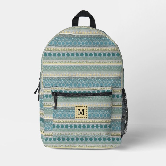 Monogram Blue Cream Ocean Gemustert Stylish Modern Bedruckter Rucksack (Vorderseite)