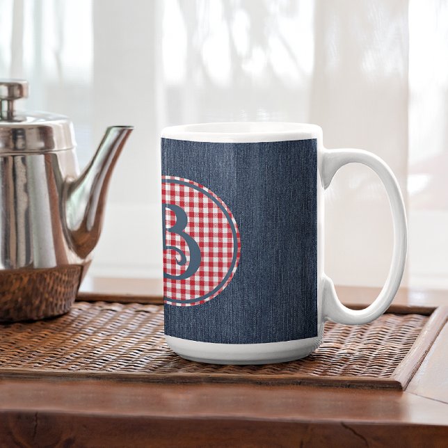 Monogram, Blue Denim Red White Karo 15oz Kaffeetasse (Von Creator hochgeladen)