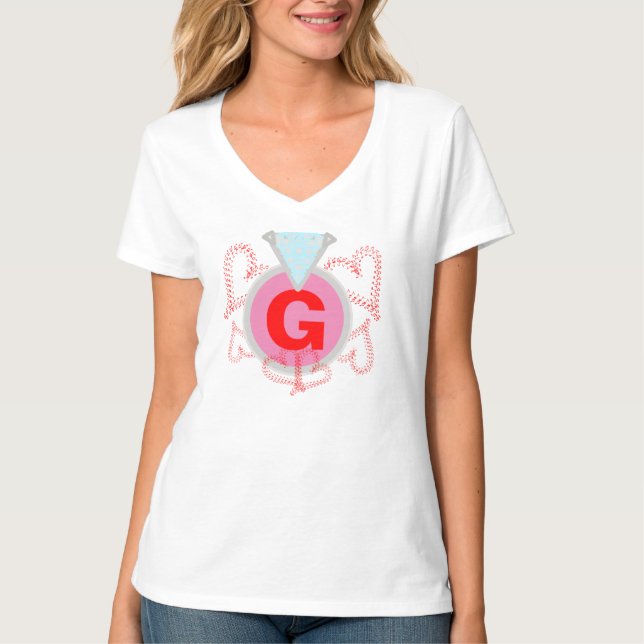 Monogram Blue Diamond Red Hearts T-Shirt (Vorderseite)