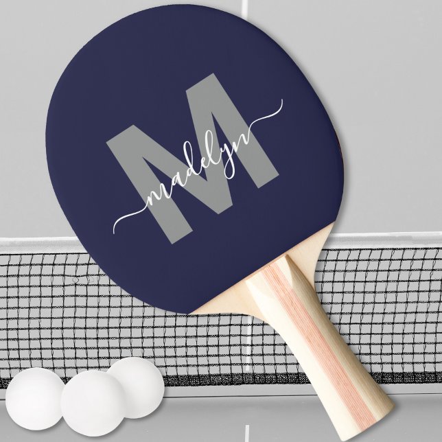 Monogram, Blue Elegant Script Name Tischtennis Schläger (Navy Blue Elegant Script Name Monogram Ping Pong Paddle)
