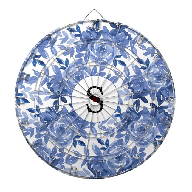 Monogram Blue Floral Botanic Muster Dartboard Dartscheibe (vorne)