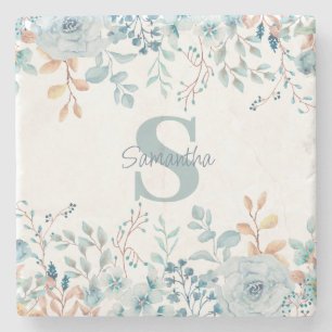 Monogram Blue Floral Botanic Steinuntersetzer