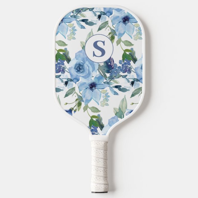 Monogram Blue Floral Botanical Pickleball Paddel Pickleball Schläger (Vorderseite)