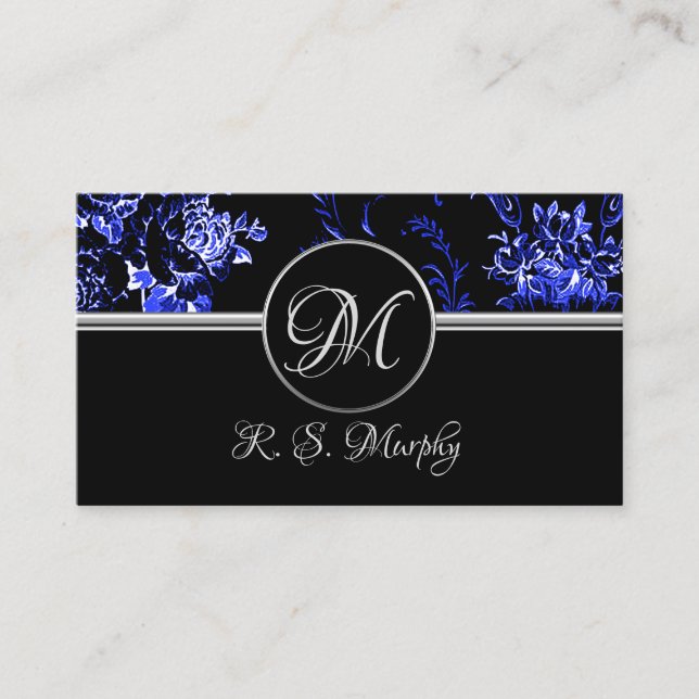 Monogram Blue Floral Business Card Visitenkarte (Vorderseite)