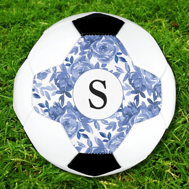 Monogram Blue Floral Pattern Fußball (Von Creator hochgeladen)