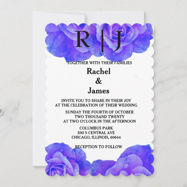 Monogram Blue Floral Rose Blume Blooms Wedding Einladung (Vorderseite)