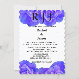 Monogram Blue Floral Rose Blume Blooms Wedding Einladung