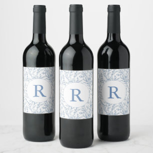 Monogram Blue French Floral Toile Wine Label Weinetikett