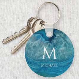 Monogram Blue Geode Initial & Name Modern Agate Schlüsselanhänger