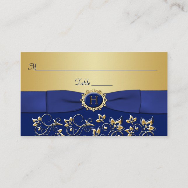 Monogram Blue Gold Floral Platzkarte (Vorderseite)