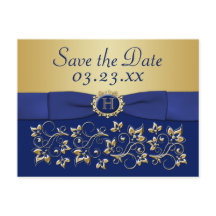 Monogram Blue, Gold Floral Save the Date Postkarte