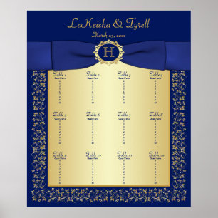 Monogram Blue, Gold Floral Table Plakat