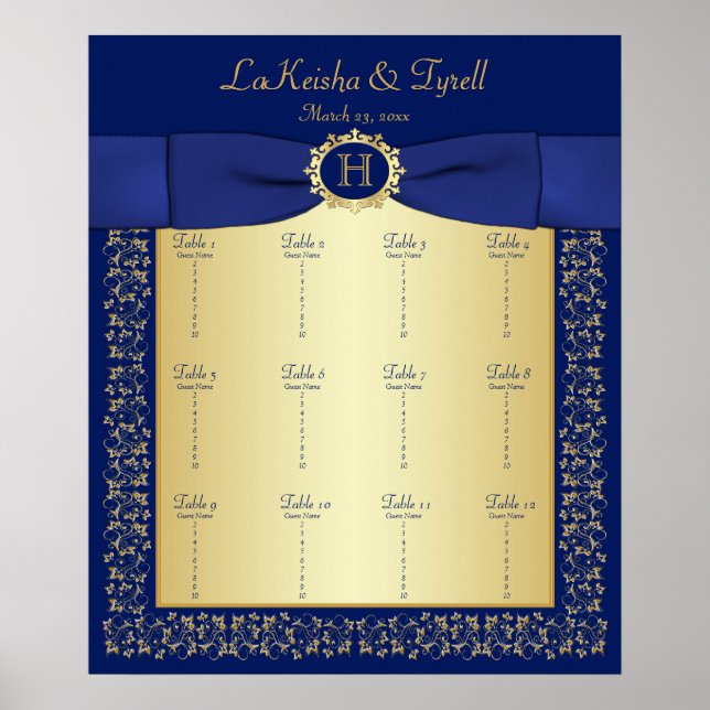 Monogram Blue, Gold Floral Table Plakat (Vorne)
