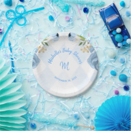 Monogram Blue Gold Floral Watercolor Babydusche Pappteller