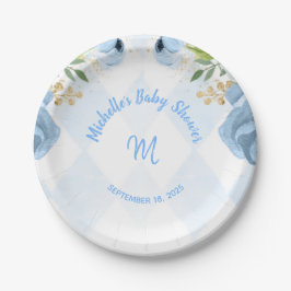 Monogram Blue Gold Floral Watercolor Babydusche Pappteller