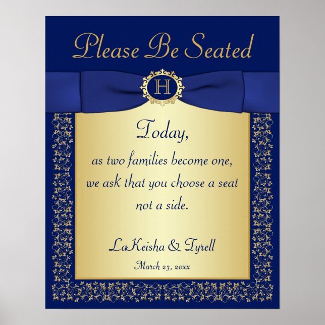 Monogram Blue, Gold Floral Wedding Sign for Church Poster (Vorne)