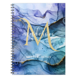 Monogram Blue & Gold Fluid Alcohol Tinte Abstrakt Notizblock