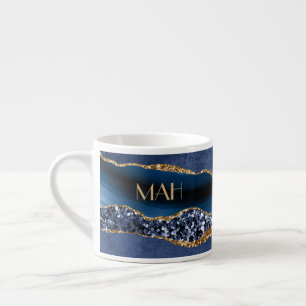 Monogram Blue Gold Glitzer Agate Marble Expresso Espressotasse