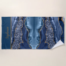 Monogram Blue Gold Glitzer Agate Pattern Trendy Strandtuch