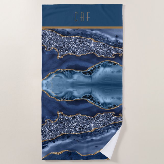 Monogram Blue Gold Glitzer Agate Pattern Trendy Strandtuch (Vorderseite)