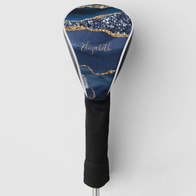 Monogram Blue Gold Glitzer Agate Trendy Marble Golf Headcover (Vorderseite)