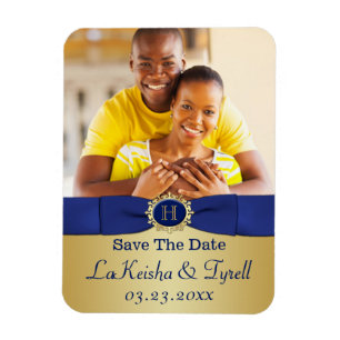 Monogram Blue, Gold Save the Date Foto Magnet