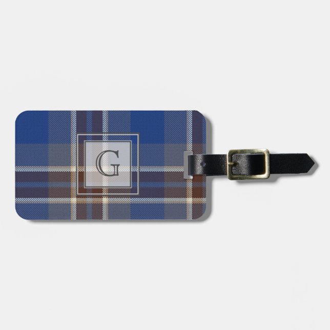 Monogram Blue Graue Tartan Geschenke für Männer, i Gepäckanhänger (Vorderseite horizontal)
