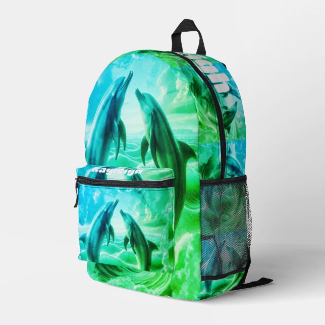 Monogram Blue & Green Delphins Ozean | Bedruckter Rucksack (Rückseitige Ecke Rechts)