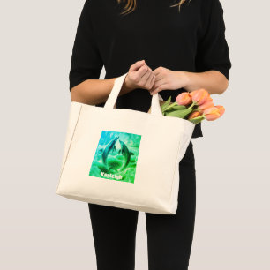 Monogram Blue & Green Delphins Ozean   Mini Stoffbeutel