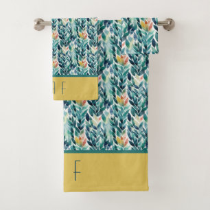 Monogram Blue Green Yellow Blätter Leaf Muster Badhandtuch Set