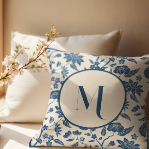 Monogram Blue Ivory Chinoiserie Blumenmuster Kissen