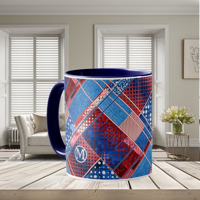 Monogram Blue Jeans Patchwork Pattern Tasse (Mug featuring your monogram (optional) on a blue jeans based patterned patchwork or quilting design)