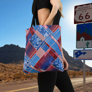 Monogram Blue Jeans Patchwork Pattern Tote Bag