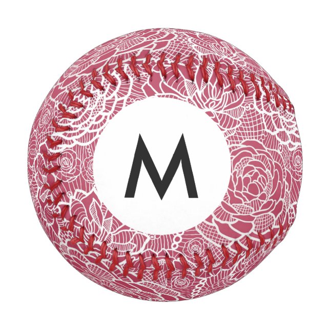Monogram Blue Lace Blume Muster Hintergrund Baseball (Vorderseite Links)