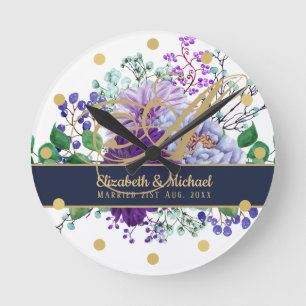 Monogram Blue Lila Floral Gold Newlyweds Wedding Runde Wanduhr