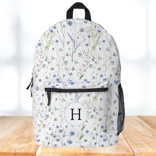 Monogram Blue Lila Hübsche Wildblume Floral Bedruckter Rucksack (In situ)