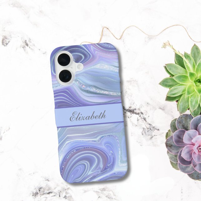 Monogram Blue Lila Silver Glitzer Agate Marble iPhone 16 Hülle (Blue Purple Silver Marble Swirl Pattern Monogrammed iPhone 16 15 14 13 12 11 case Gift for her)