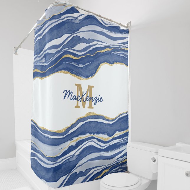 Monogram Blue Marble Agate Gold Glitzer Duschvorhang (Modern watercolor agate marble blue and white nautical personalized monogram initial shower curtain)